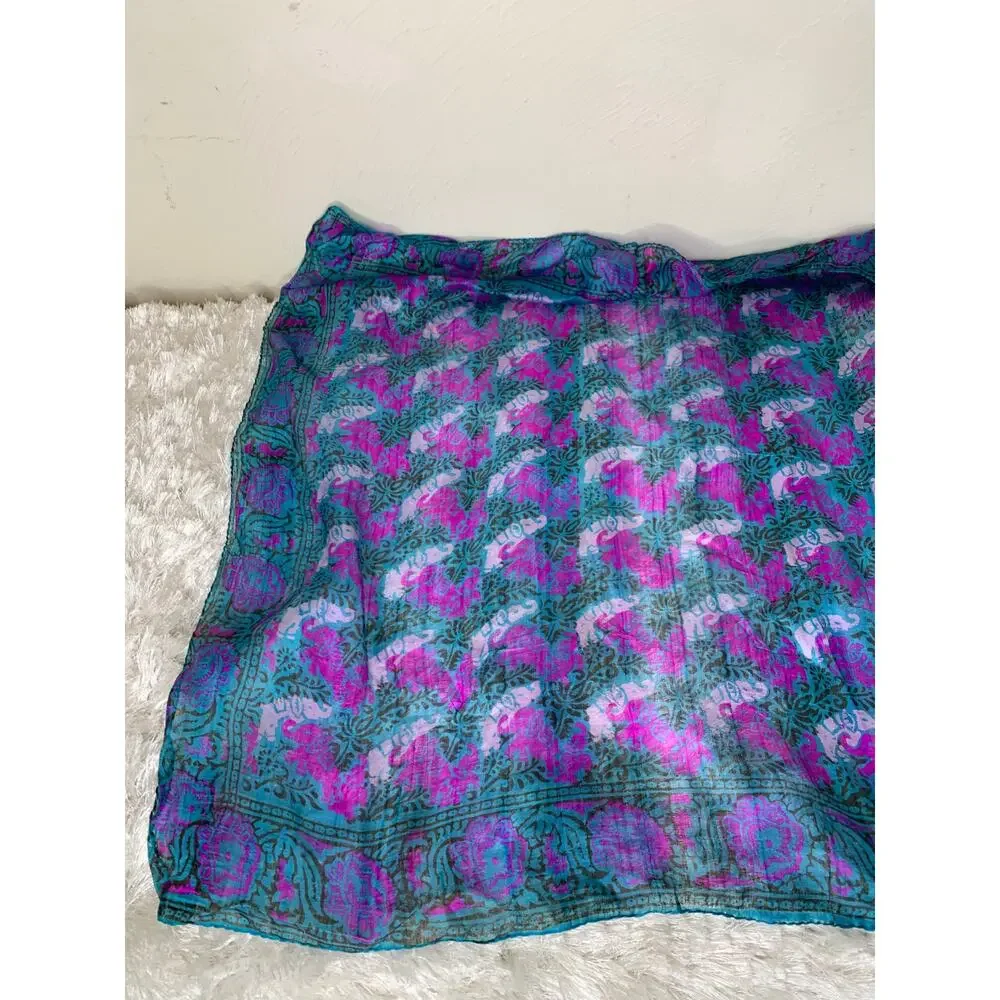 Green Pink Purple Floral Batik? Silk Scarf 29 x 27